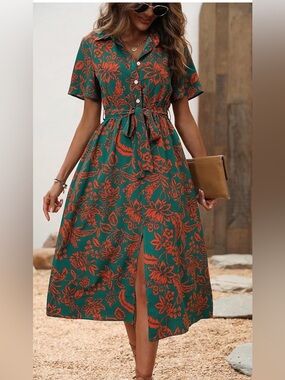 Green & Orange Floral Button-Front Midi Dress with Tie Waist